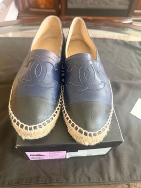 CHANEL Navy and Black Leather Espadrille Slip-Ons